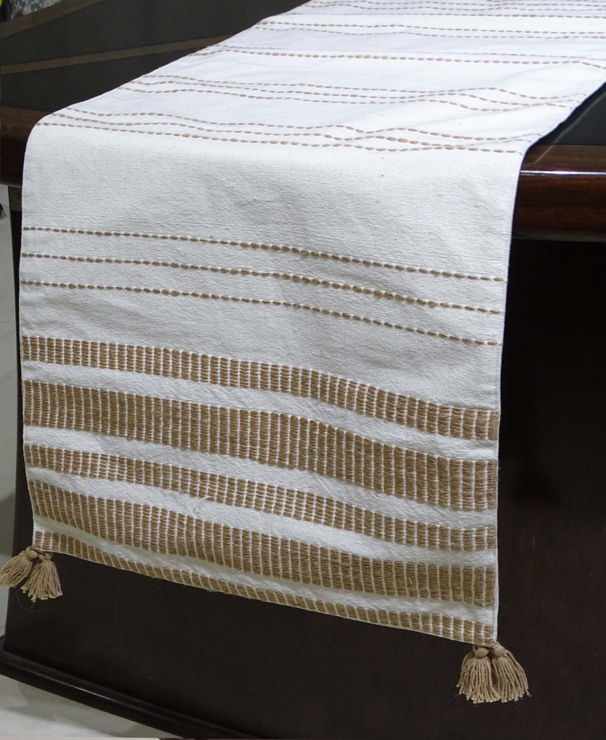 Woven Cotton Table Runner – Off White & Beige (16" x 90")